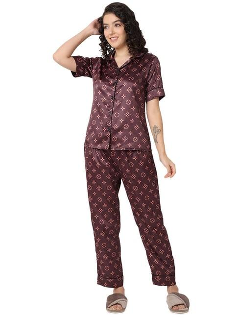 smarty pants brown satin printed shirt with pyjamas