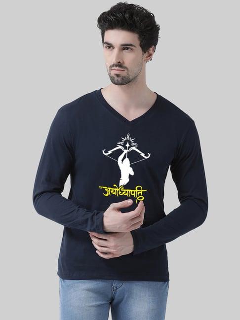 friskers navy slim fit graphic print v-neck t-shirt