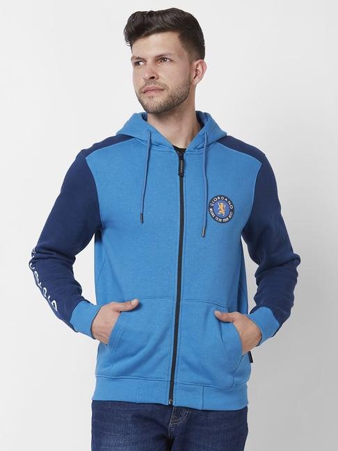 giordano mediterranean blue regular fit colour block hooded sweatshirt