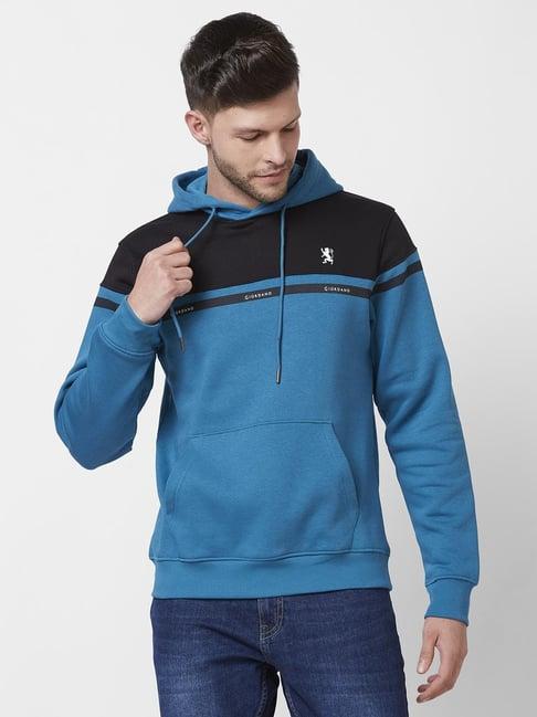 giordano crystal teal regular fit colour block hooded sweatshirt