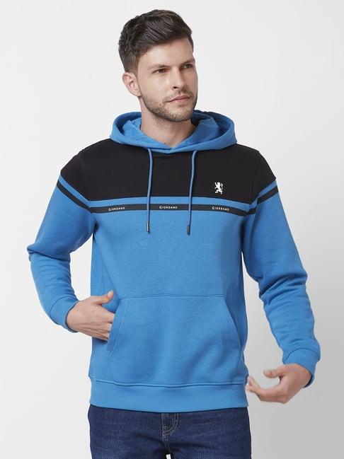 giordano mediterranean blue regular fit colour block hooded sweatshirt