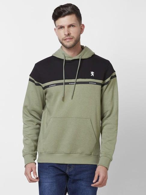 giordano oil green regular fit colour block hooded sweatshirt