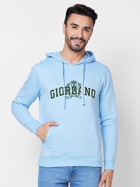 giordano sky blue cotton regular fit self pattern hooded sweatshirt