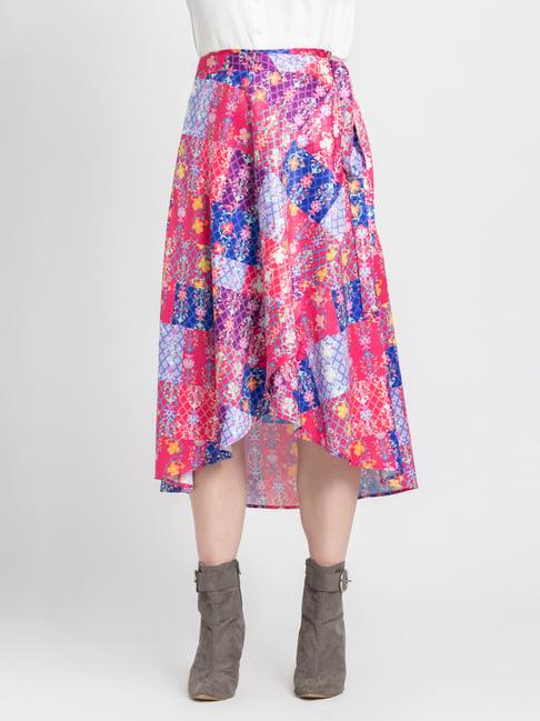 shaye multicolor satin floral print midi skirt