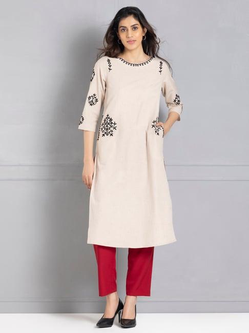 shaye beige & black embroidered kurta