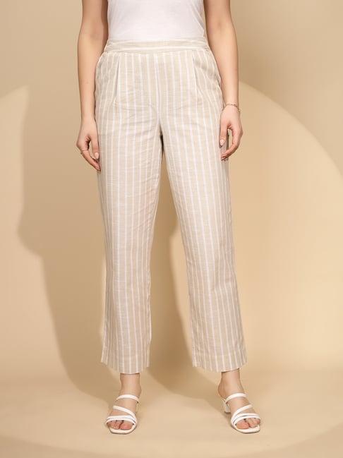 global republic beige & white linen striped regular fit mid rise trousers