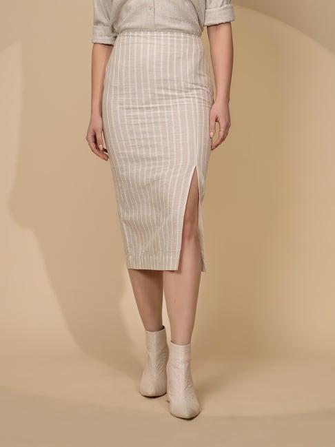 global republic beige & white linen striped midi skirt