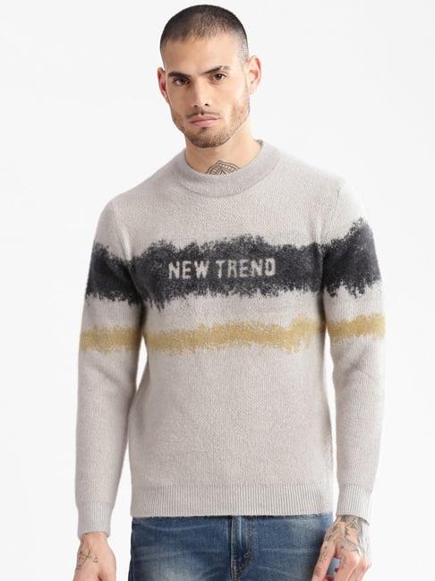 showoff beige slim fit self pattern sweater