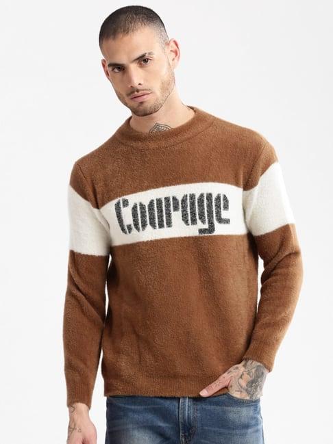 showoff brown slim fit colour block sweater