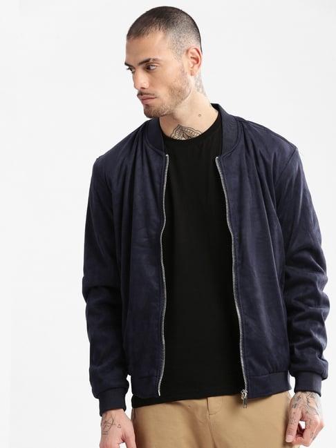 showoff navy blue cotton slim fit bomber jacket