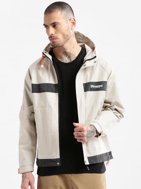 showoff cream slim fit hooded jacket