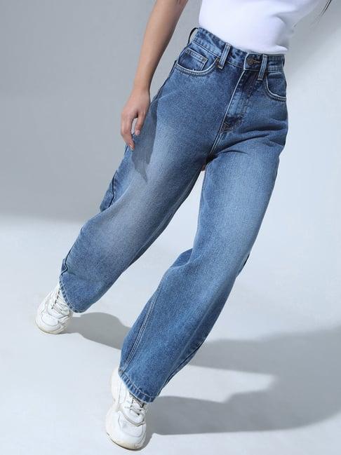 hubberholme blue cotton relaxed fit high rise jeans