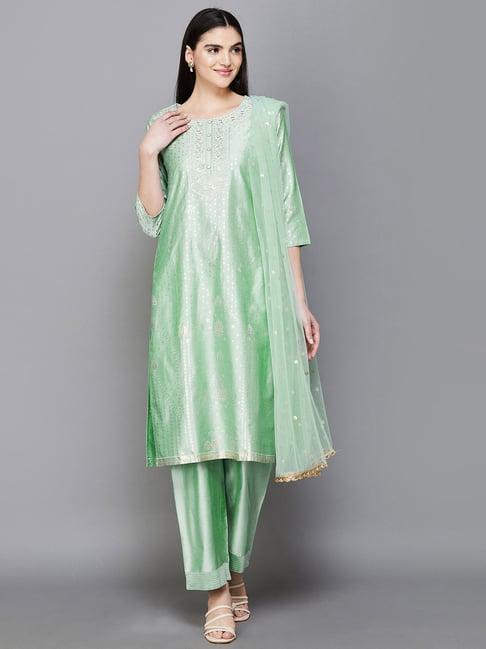 melange by lifestyle sage green printed kurta pant set with dupatta