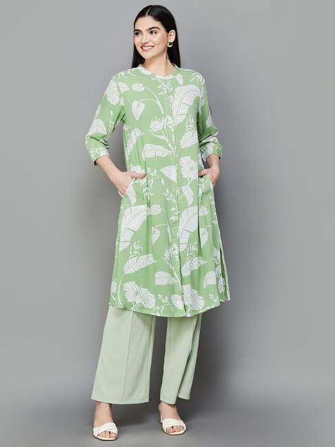 melange by lifestyle green floral print straight kurta