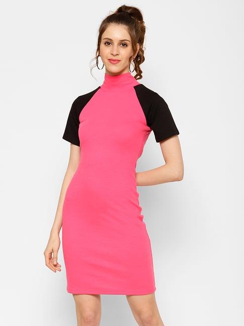 kassually pink & black cotton color-block bodycon dress