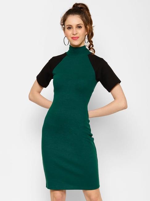 kassually dark green & black cotton color-block bodycon dress