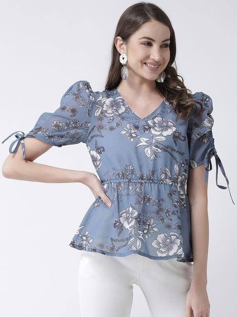 kassually blue floral print top