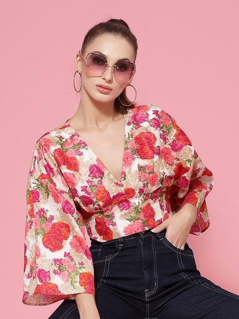 kassually red floral print crop top