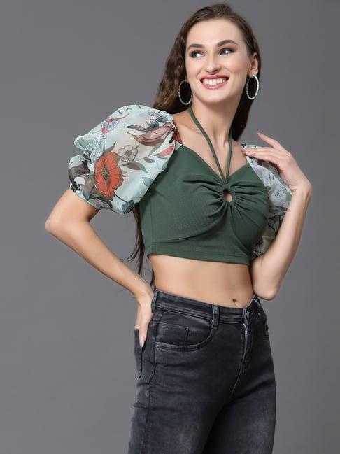 kassually green floral print crop top