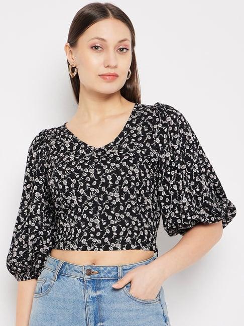 hypernation black & white floral print crop top