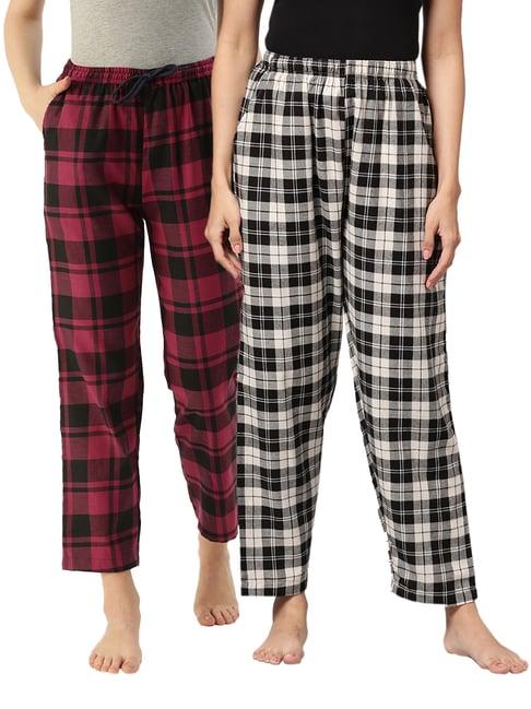 kryptic black & maroon cotton checks lounge pants (pack of 2)