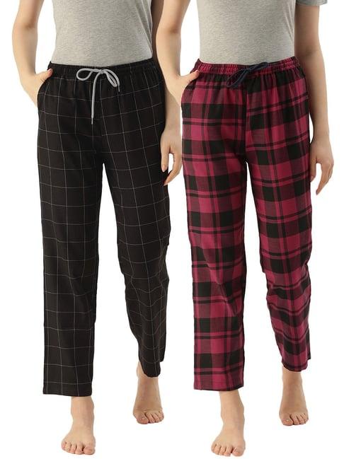 kryptic black & maroon cotton checks lounge pants (pack of 2)