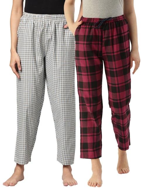 kryptic blue & maroon cotton checks lounge pants (pack of 2)