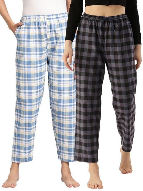 kryptic blue & black cotton checks lounge pants (pack of 2)