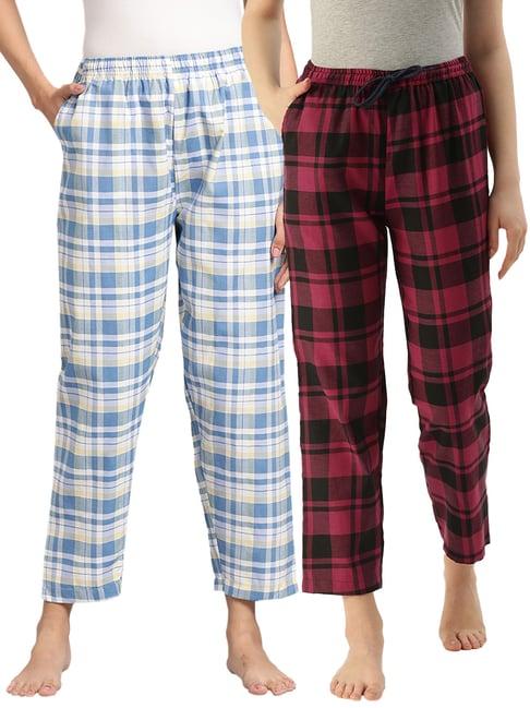 kryptic blue & maroon cotton checks lounge pants (pack of 2)