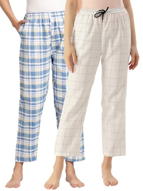 kryptic blue & white cotton checks lounge pants (pack of 2)