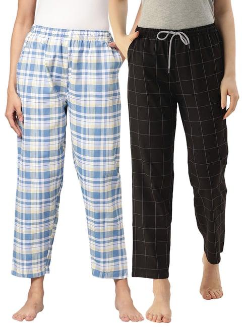 kryptic blue & black cotton checks lounge pants (pack of 2)