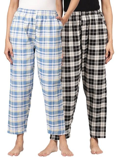 kryptic blue & black cotton checks lounge pants (pack of 2)