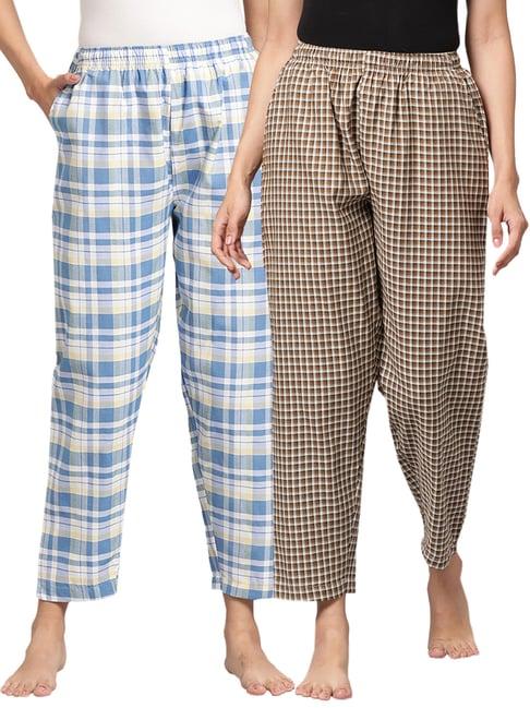 kryptic blue & brown cotton checks lounge pants (pack of 2)