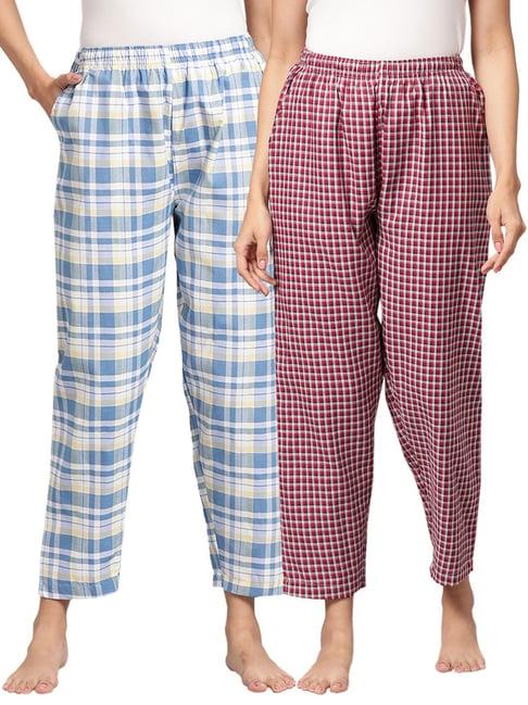 kryptic blue & maroon cotton checks lounge pants (pack of 2)