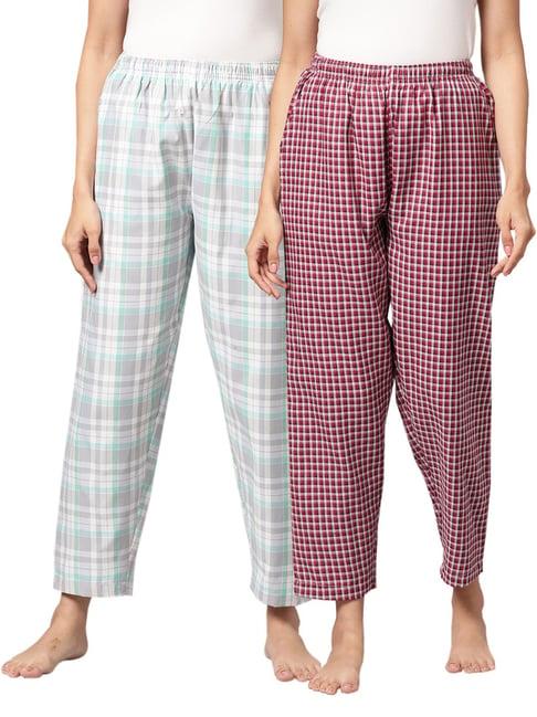 kryptic grey & maroon cotton checks lounge pants (pack of 2)