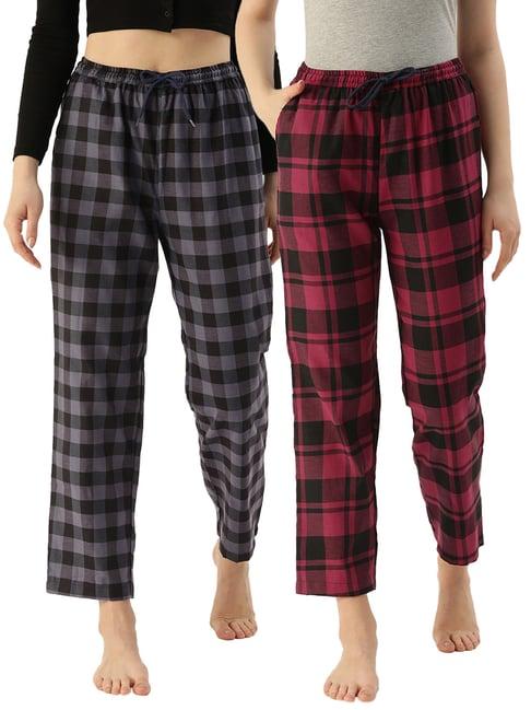 kryptic maroon & navy cotton checks lounge pants (pack of 2)