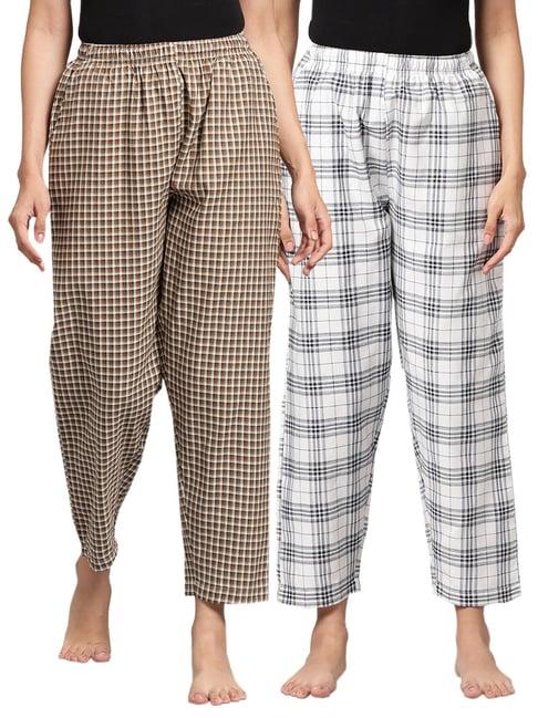 kryptic white & brown cotton checks lounge pants (pack of 2)