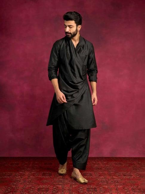 abhishti black straight fit cowl-draped asymmetric kurta