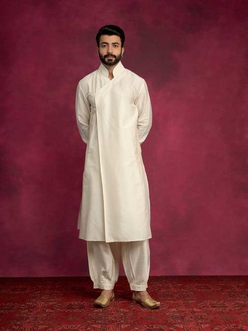 abhishti cream straight fit overlap asymmetrical kurta & pathani pants set