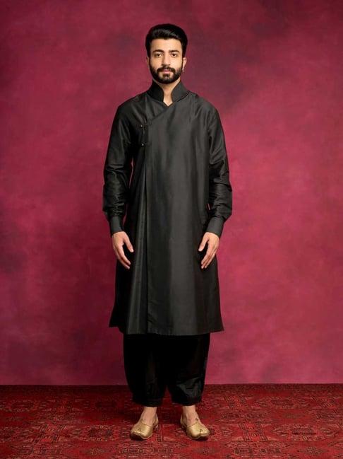 abhishti black straight fit overlap asymmetrical kurta & pathani pants set