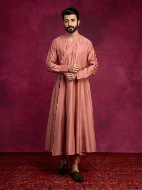 abhishti rose brown comfort fit paneled angrakha kurta & straight pants set