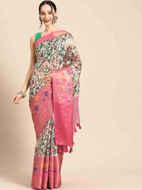 silk land white & pink silk printed saree with unstitched blouse