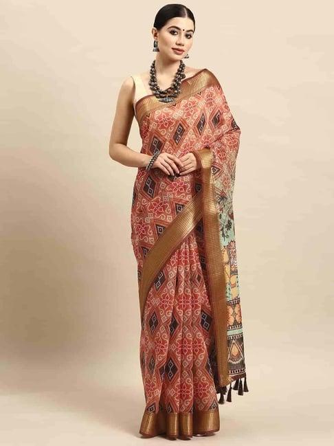 silk land peach printed saree with unstitched blouse