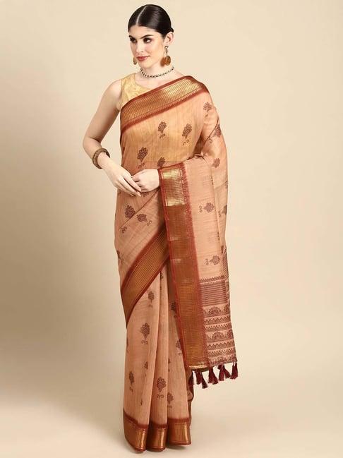 silk land peach printed saree with unstitched blouse