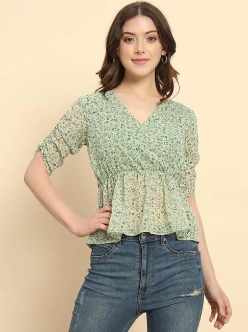 trend arrest green floral print peplum top