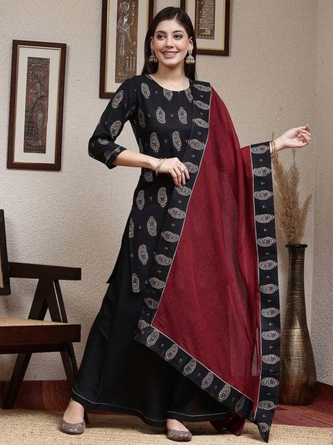 skylee black printed kurti palazzo set with dupatta