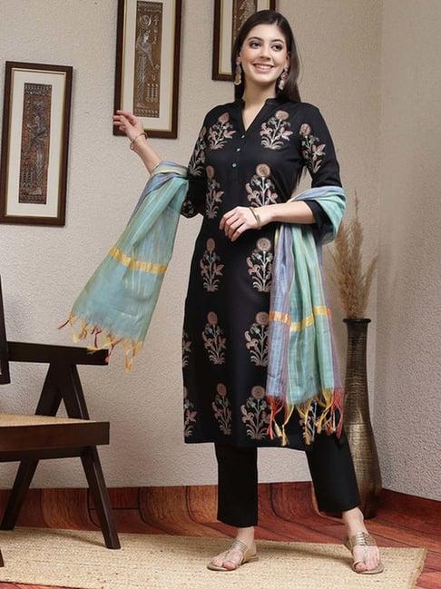 skylee black printed kurta pant set with dupatta