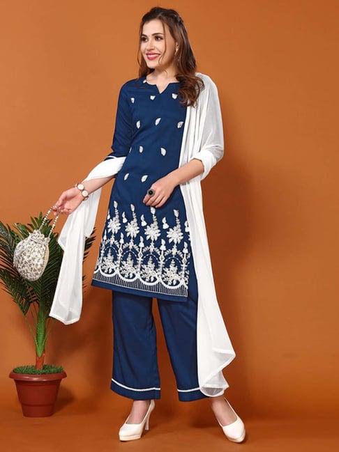 skylee navy embroidered kurta palazzo set with dupatta