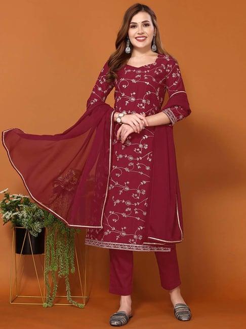 skylee maroon embroidered kurta pant set with dupatta