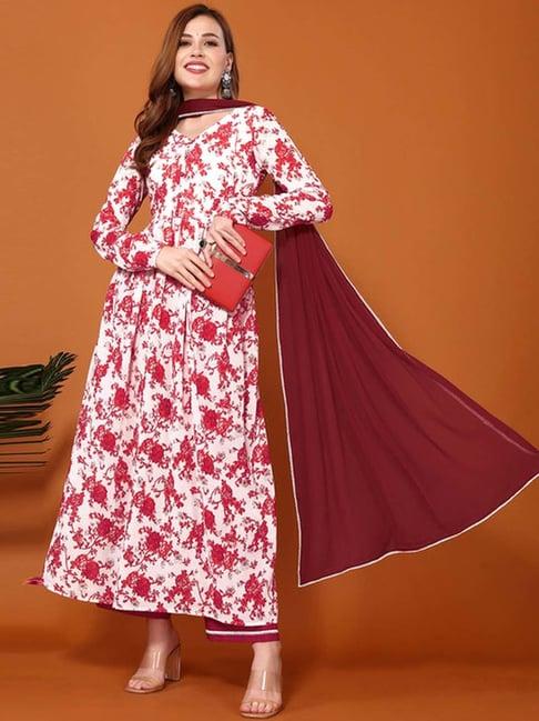 skylee white & maroon printed kurta palazzo set with dupatta